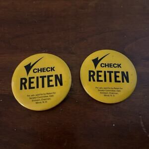 Vintage 1960s Check Reiten Political Campaign Pinback Buttons North Dakota x2